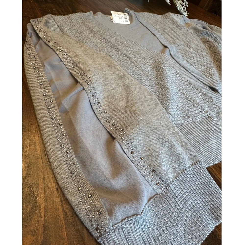 Cocobleu New York Sweater Silver Embellished Sleeves Light‎ Heather Grey XL NWT